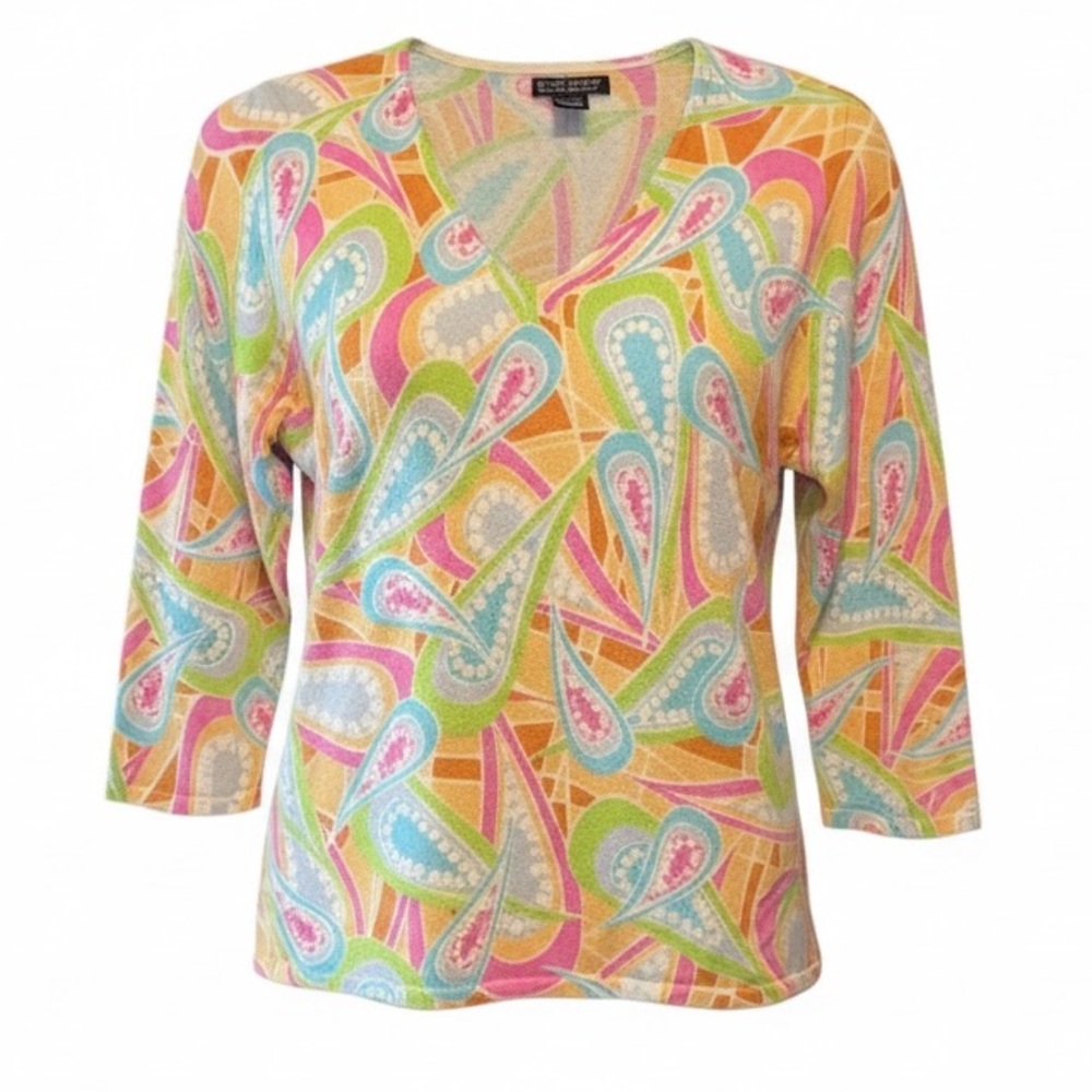 Daniel Bishop 100% Cashmere Sweater Pastel Paisley Print V-Neck Large EUC